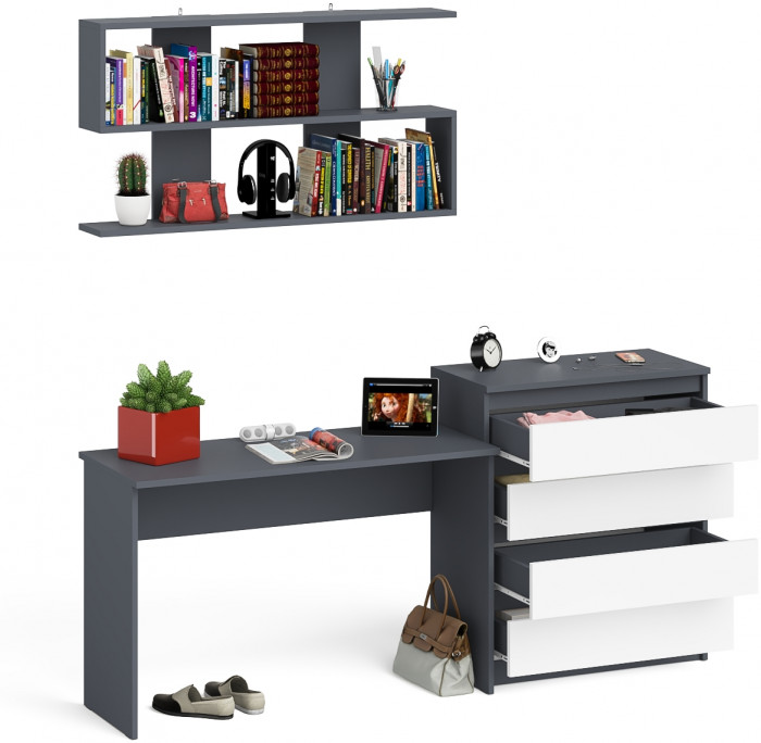Мори письменный стол МСП1200.1 + Комод МК800.4 + Полка 1200, графит/белый