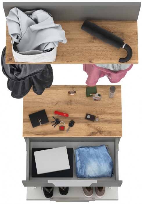 Октава 16.127 Тумба для обуви + 15.14.01 Вешалка, серый графит/дуб крафт золотой/фасады МДФ серый графит