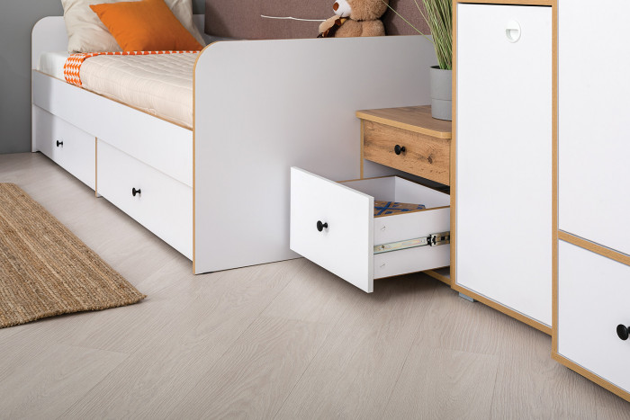 Вуди Компоновка № 39, цвет белый премиум/дуб крафт золотой/саванна латте, сп. м. 900х2000 мм., б/м, основание есть, матрас высотой до 200 мм.