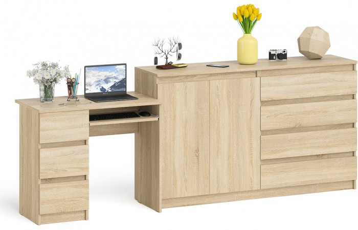 Мори компьютерный стол МС-6 левый + Комод МК1600.1, дуб сонома