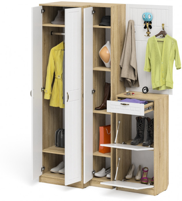 Прихожая П-6 Компоновка № 30, дуб сонома/фасады МДФ белое дерево фрезеровка прованс