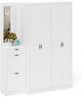 Прихожая П-6 Компоновка № 14, цвет белая шагрень/фасады МДФ белое дерево фрезеровка прованс, ШхГхВ 170х50х210 см., универсальная сборка