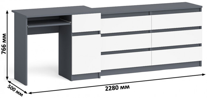 Мори компьютерный стол МС-1 правый + Комод МК1380.6, графит/белый