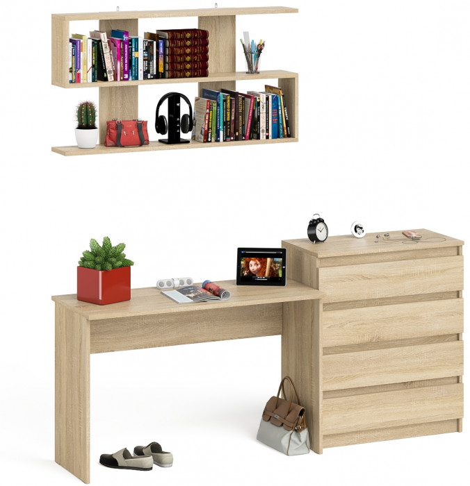 Мори письменный стол МСП1200.1 + Комод МК800.4 + Полка 1200, дуб сонома