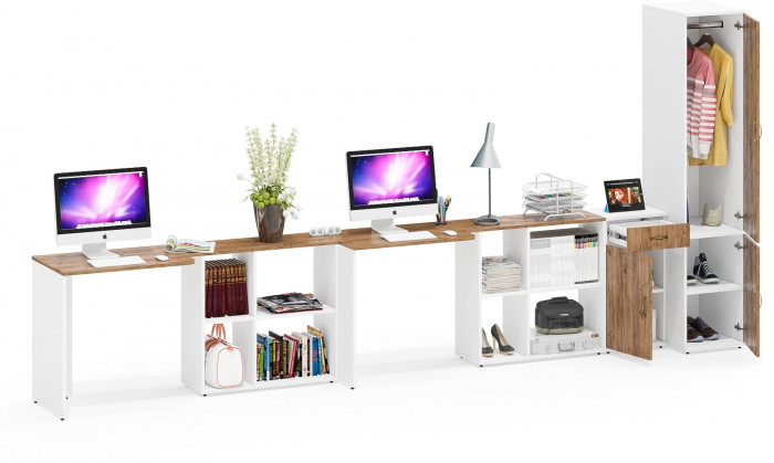 Лидер-8 Стол + Стол + Пенал МД 23Б + Тумба МД 3.15, цвет белый шагрень/крафт золото, ШхГхВ 410х50х75/190 или 230х160/50х75/190 см., НЕ ун. сб.