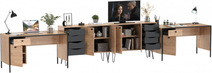 Брюс два Стола 12.157 + два Комода 16.233, цвет чёрный/Battle rock Santiago/столешница МДФ ель карпатская, 486,8х62,6(38,3)х75(85,6) см., ун. сб.