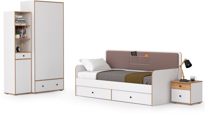 Вуди Компоновка № 40, цвет белый премиум/дуб крафт золотой/саванна латте, сп. м. 900х2000 мм., б/м, основание есть, матрас высотой до 200 мм.