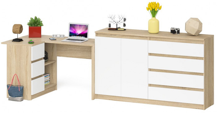 Мори компьютерный стол МС-16 левый + Комод МК1600.1, дуб сонома/белый