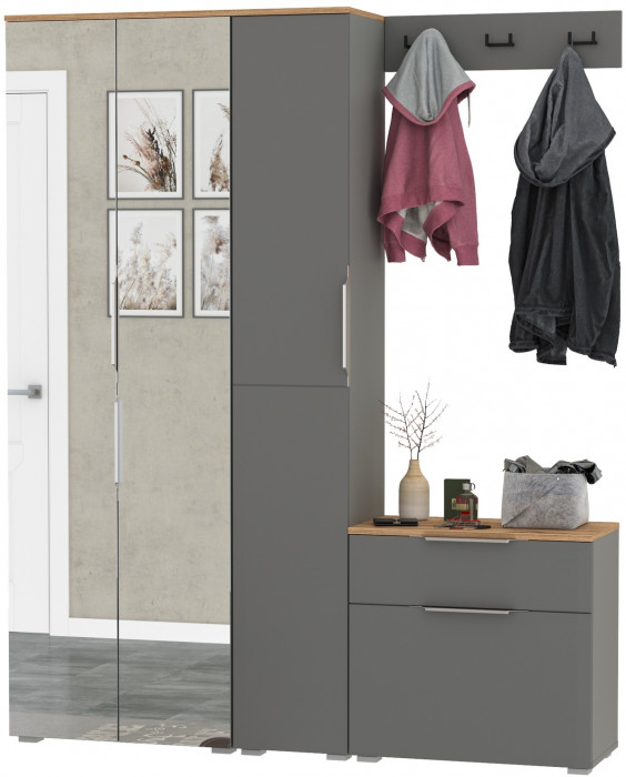 Октава Прихожая 23, цвет серый графит/дуб крафт золотой/фасады МДФ серый графит, ШхГхВ 161,5х35,4х197,6 см., универсальная сборка