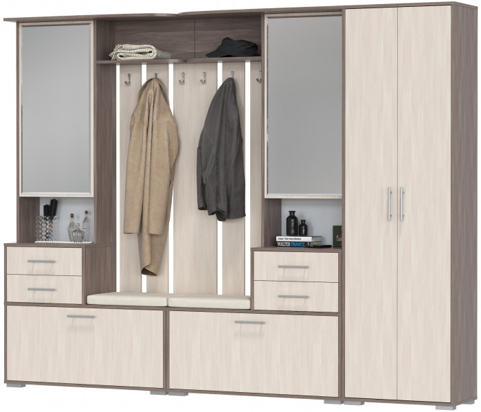 Прихожая Домино 3, цвет бодега тёмный/бодега светлый, ШхГхВ 260х36х202 см., универсальная сборка