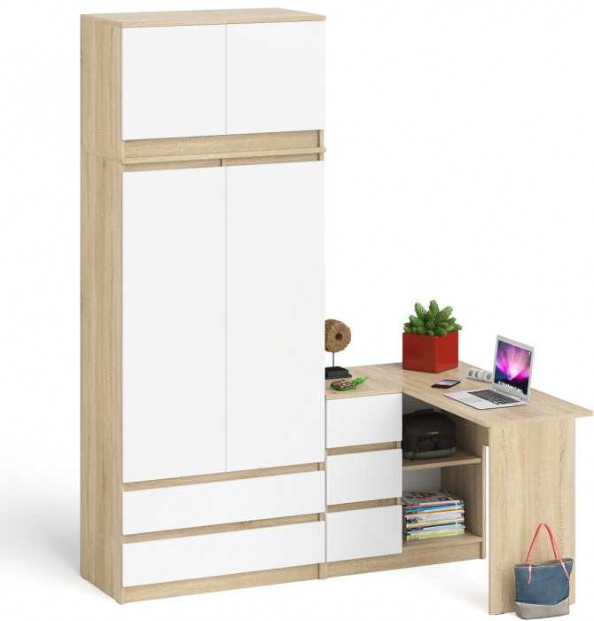 Мори компьютерный стол МС-16 левый + Шкаф МШ900.1 + Антресоль МА900.1, дуб сонома/белый