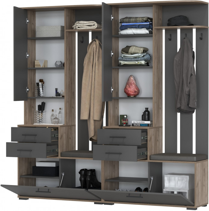 Два шкафа с вешалкой Домино 2-3431дкт/граф, цвет дуб крафт табачный/графит, ШхГхВ 200х36х202 см., универсальная сборка