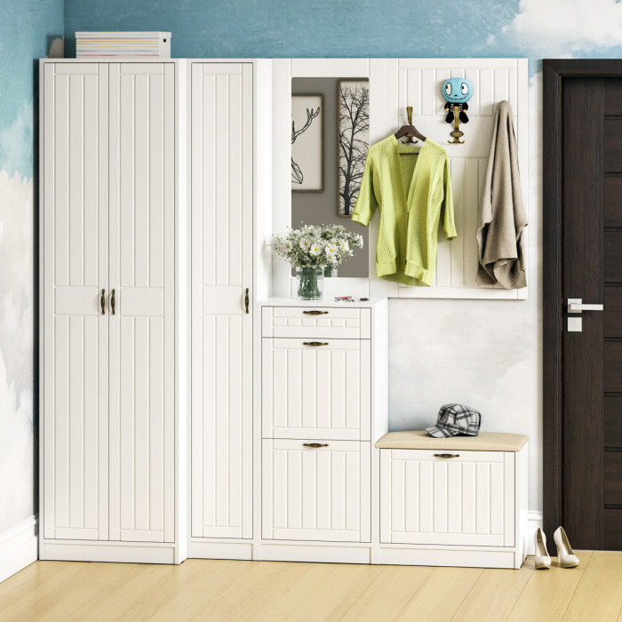 Прихожая П-6 Компоновка № 31, белая шагрень/фасады МДФ белое дерево фрезеровка прованс