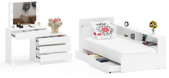 Ксения Кровать с ящиками 0900 + прикроватный блок + Столик с подсветкой 110, белый