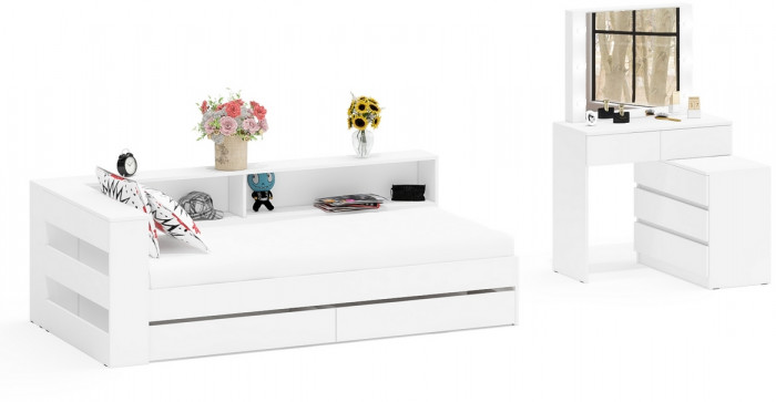 Ксения Кровать с ящиками 0900 + прикроватный блок + Столик с подсветкой 110, белый