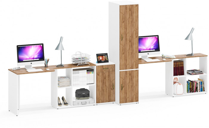 Лидер-8 Стол + Стол + Пенал МД 23Б + Тумба МД 3.15, белый шагрень/крафт золото