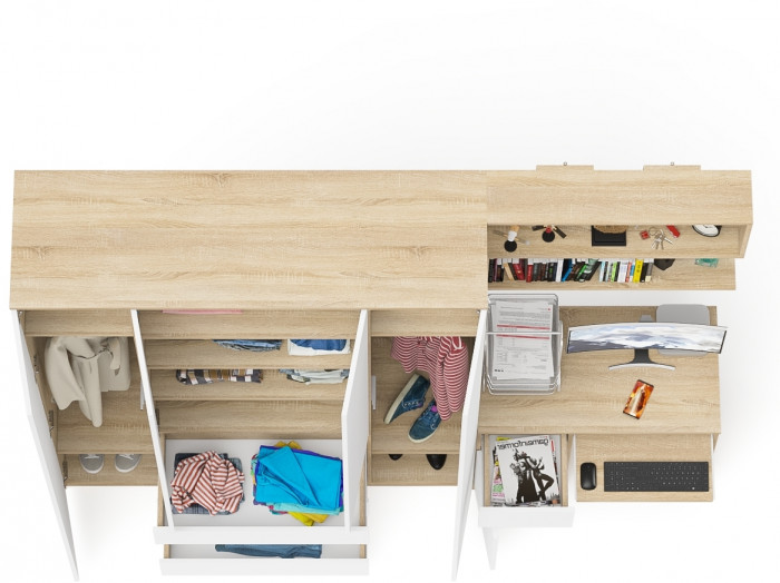 Мори компьютерный стол МС-1 левый + Шкаф МШ1600.1 + Полка 900, дуб сонома/белый