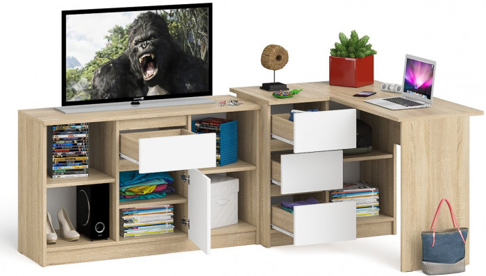 Мори компьютерный стол МС-16 левый + Тумба МТВ1204.1, дуб сонома/белый