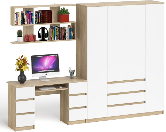 Мори компьютерный стол МС-2 + Шкаф МШ1600.1 + Полка 1200, дуб сонома/белый