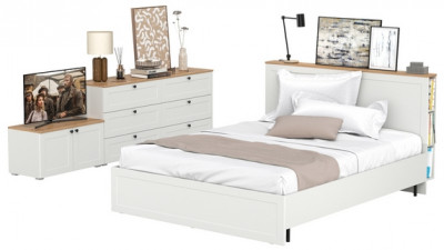 Остин 11.53 Кровать + ортопед + 16.240 Комод + 13.257 Тумба, белый шагрень/дуб крафт золотой