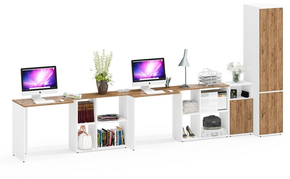 Лидер-8 Стол + Стол + Пенал МД 23Б + Тумба МД 3.19, цвет белый шагрень/крафт золото, ШхГхВ 410х50х75/190 или 230х160/50х75/190 см., НЕ ун. сб.