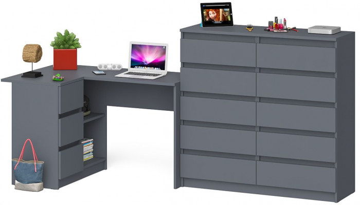 Мори Стол компьютерный МС-16 левый + Комод МК1200.10, цвет графит, ШхГхВ 244,8х84,9х115 см., выдвижные ящики слева, НЕ универсальная сборка