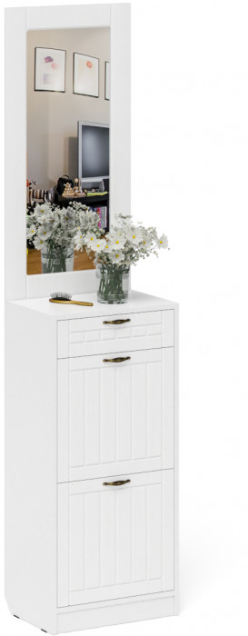 Прихожая П-6 Тумба для обуви 2 секции + Зеркало, белая шагрень/фасады МДФ белое дерево фрезеровка прованс