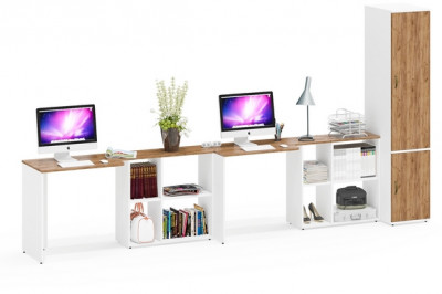 Лидер-8 Стол + Стол + Пенал МД 23Б, цвет белый шагрень/крафт золото, ШхГхВ 370х50х75/190 или 230х120/50х75/190 см., НЕ универсальная сборка