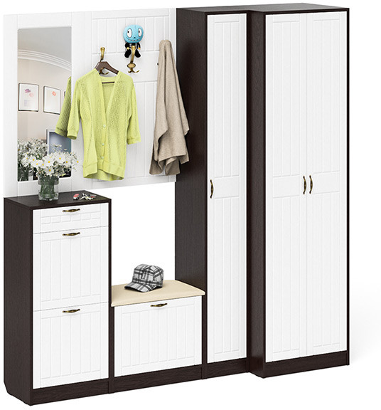 Прихожая П-6 Компоновка № 31, венге/фасады МДФ белое дерево фрезеровка прованс