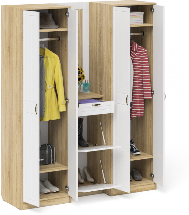 Прихожая П-6 Компоновка № 14, цвет дуб сонома/фасады МДФ белое дерево фрезеровка прованс, ШхГхВ 170х50х210 см., универсальная сборка