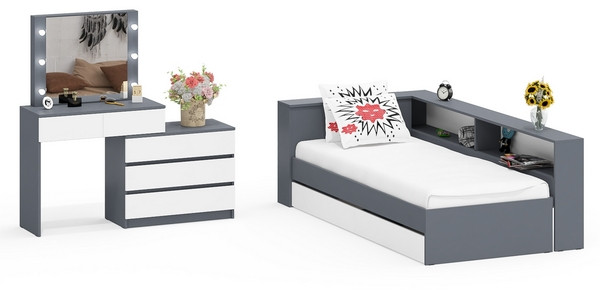 Ксения Кровать с ящиками 0900 + прикроватный блок + Столик с подсветкой 110, графит/белый