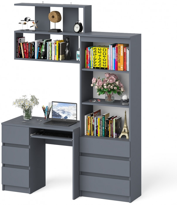 Мори компьютерный стол МС-6 левый + Стеллаж МСТ600.3 + Полка 900, графит