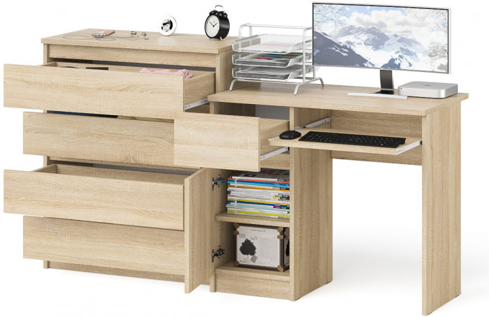 Мори Стол компьютерный МС-1 левый + Комод МК800.4, цвет дуб сонома, ШхГхВ 170,4х50х94 см., выдвижной ящик слева, НЕ универсальная сборка