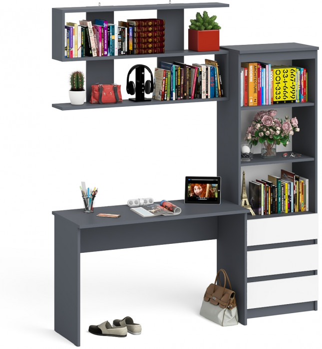 Мори Стол письменный МСП1200.1 + Стеллаж МСТ600.3 + Полка 1200, цвет графит/белый, ШхГхВ 180,8х50х209,6 см., универсальная сборка