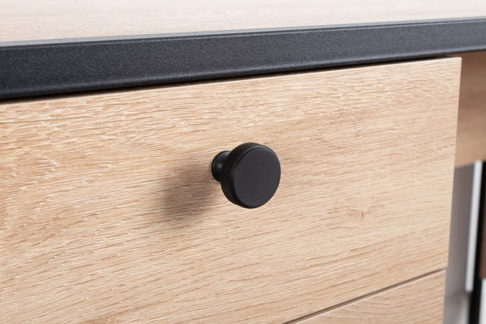 Брюс Стол письменный 12.157 + Комод 16.233, цвет чёрный/Battle rock Santiago/столешница МДФ ель карпатская, 243,4х62,6(38,3)х75(85,6) см., ун. сб.