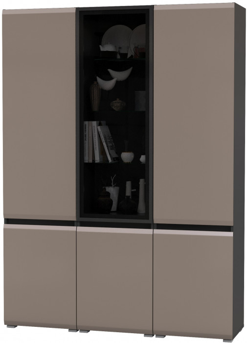 Сидней 13.200 Шкаф 2 штуки + Шкаф-витрина 13.201, цвет корпус: антрацит/фасады: МДФ веллюто капучино/стекло, ШхГхВ 150х41,3х205,2 см., универс. сб.