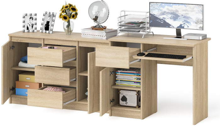 Мори Стол компьютерный МС-1 левый + Комод МК1200.3, цвет дуб сонома, ШхГхВ 210,4х50х76,6 см., выдвижной ящик слева, НЕ универсальная сборка