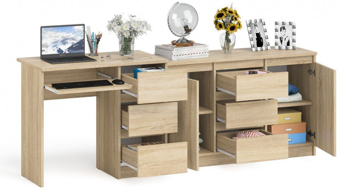 Мори Стол компьютерный МС-6 правый + Комод МК1200.3, цвет дуб сонома, ШхГхВ 210,4х50х76,6 см., выдвижные ящики справа, НЕ универсальная сборка