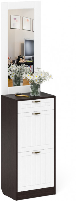 Прихожая П-6 Тумба для обуви 2 секции + Зеркало, венге/фасады МДФ белое дерево фрезеровка прованс