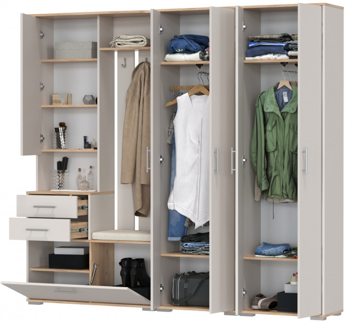 Прихожая Домино 4, цвет дуб крафт золотой/кашемир серый, ШхГхВ 220х36х202 см., универсальная сборка