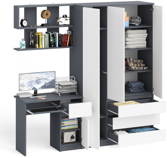 Мори компьютерный стол МС-1 правый + Шкаф МШ1200.1 + Полка 900, графит/белый