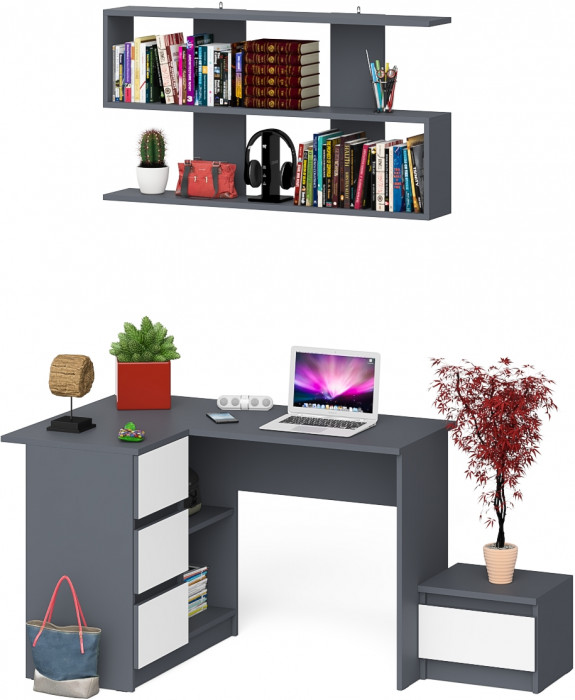 Мори компьютерный стол МС-16 левый + Тумба ТМП400.1 + Полка 1200, графит/белый