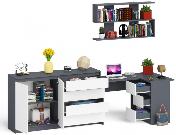 Мори компьютерный стол МС-16 правый + Комод МК1600.1 + Полка 1200, графит/белый