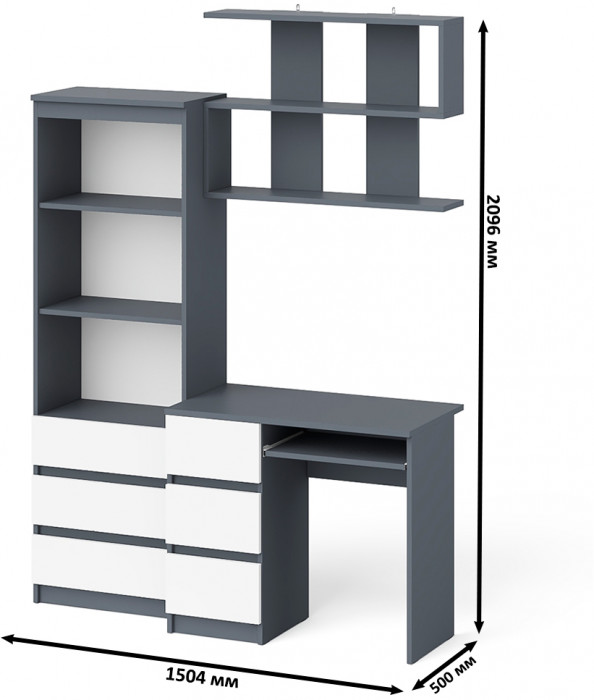 Мори компьютерный стол МС-6 левый + Стеллаж МСТ600.3 + Полка 900, графит/белый