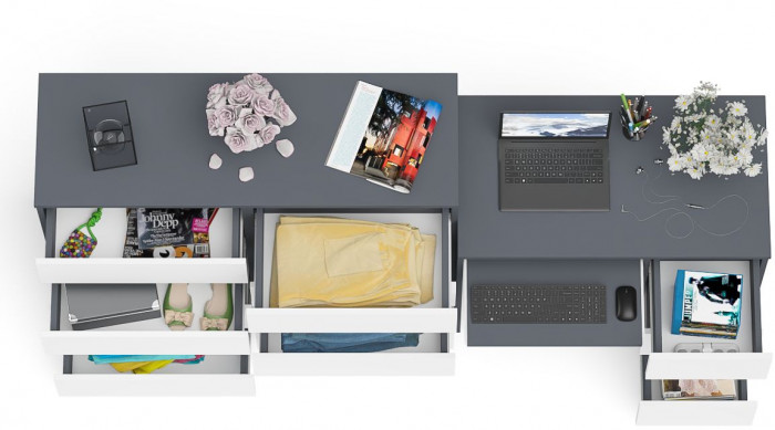 Мори компьютерный стол МС-6 правый + Комод МК1200.8, графит/белый