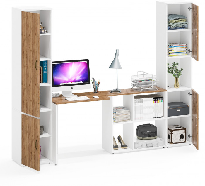 Лидер-8 Пенал МД 22Б + Стол + Пенал, цвет белый шагрень/крафт золото, ШхГхВ 245х50/37,5х75/190 или 155х120/50х75/190 см., НЕ универсальная сборка