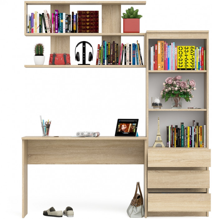 Мори Стол письменный МСП1200.1 + Стеллаж МСТ600.3 + Полка 1200, цвет дуб сонома, ШхГхВ 180,8х50х209,6 см., универсальная сборка