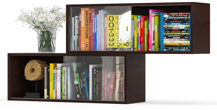 Две полки книжных С-МД-КН01, цвет венге, ШхГхВ размер каждой полки в отдельности: 83х25х30 см., стеклянные дверцы