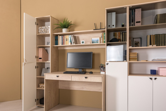 КР100 Бостон 13.155 Шкаф, цвет дуб эндгрейн элегантный/фасады МДФ милк рикамо софт, ШхГхВ 38,6х35,1х194,4 см., универсальная сборка