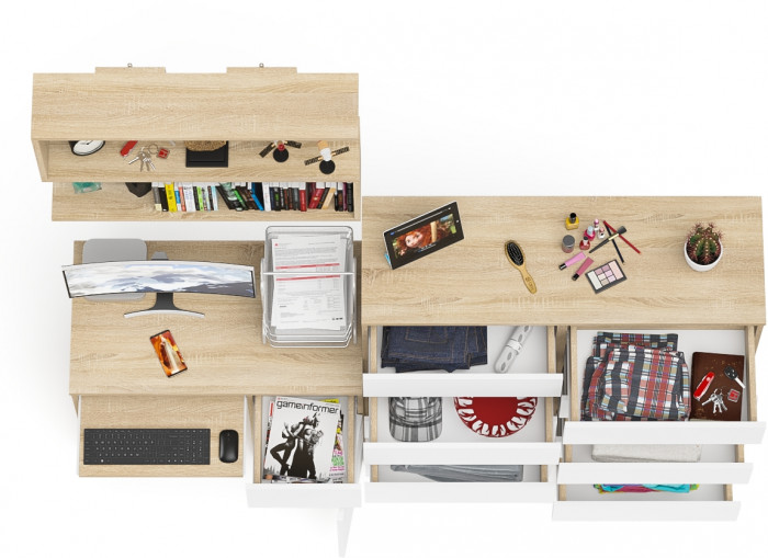 Мори Стол компьютерный МС-1 правый + Комод МК1200.10 + Полка 900, цвет дуб сонома/белый, ШхГхВ 210,4х50х209,6 см., НЕ универсальная сборка